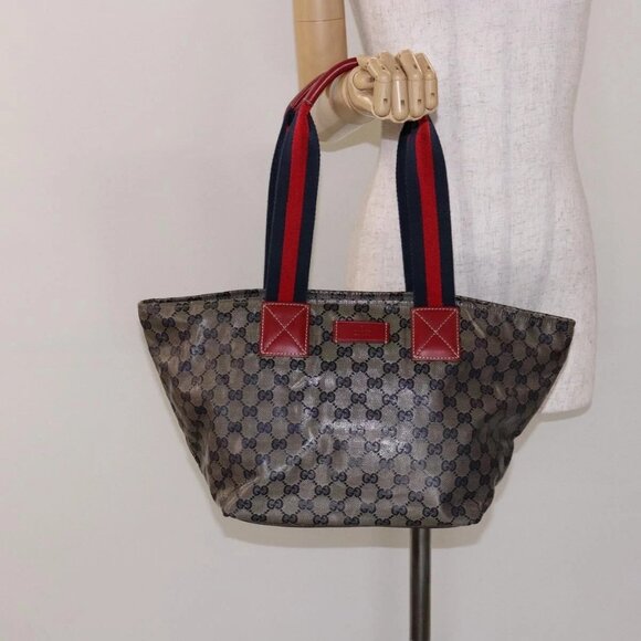 GUCCI GG Crystal Sherry Line Tote Bag Coated Canvas Red Navy - Picture 1 of 16